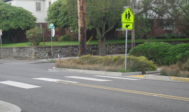 Curb Extension With Crosswalk - Portland, ORThis curb extensions assists bicyclists and pedestrians in crossing the street while filtering stormwater runoff.